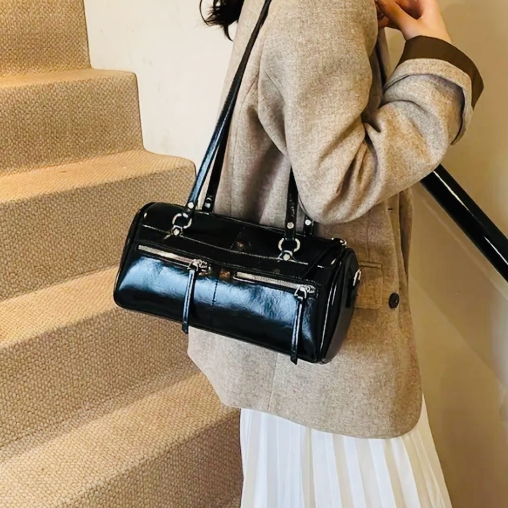 New  -Chic -Vintage Style Double Zipper Design Faux Leather Boston Bag -Black